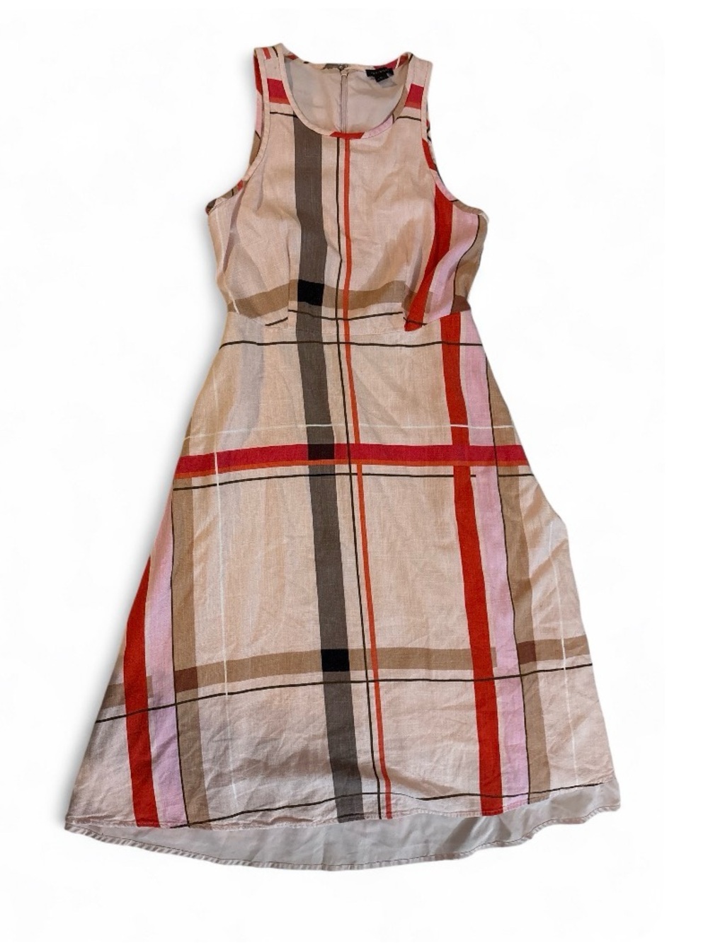 Ann Taylor Beige Plaid Sleeveless Dress with Red and Pink Stripes
